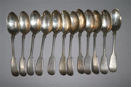 A set of twelve George IV Scottish silver fiddle pattern teaspoons by Mitchell & Russell, 9 oz.